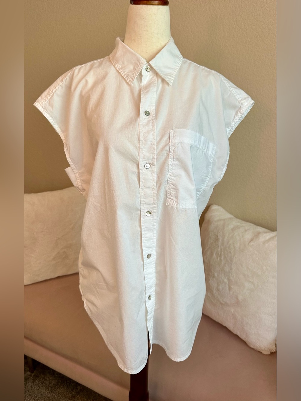 AMO Shirt Button Up Cap Sleeve White Cotton Top Women’s Small Minimalist Classic - Picture 3 of 11